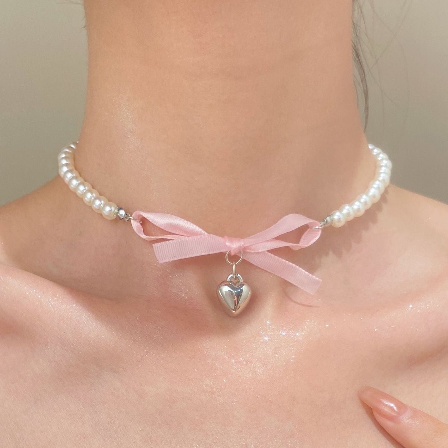 Romantic pink love Bow Pearl Necklace