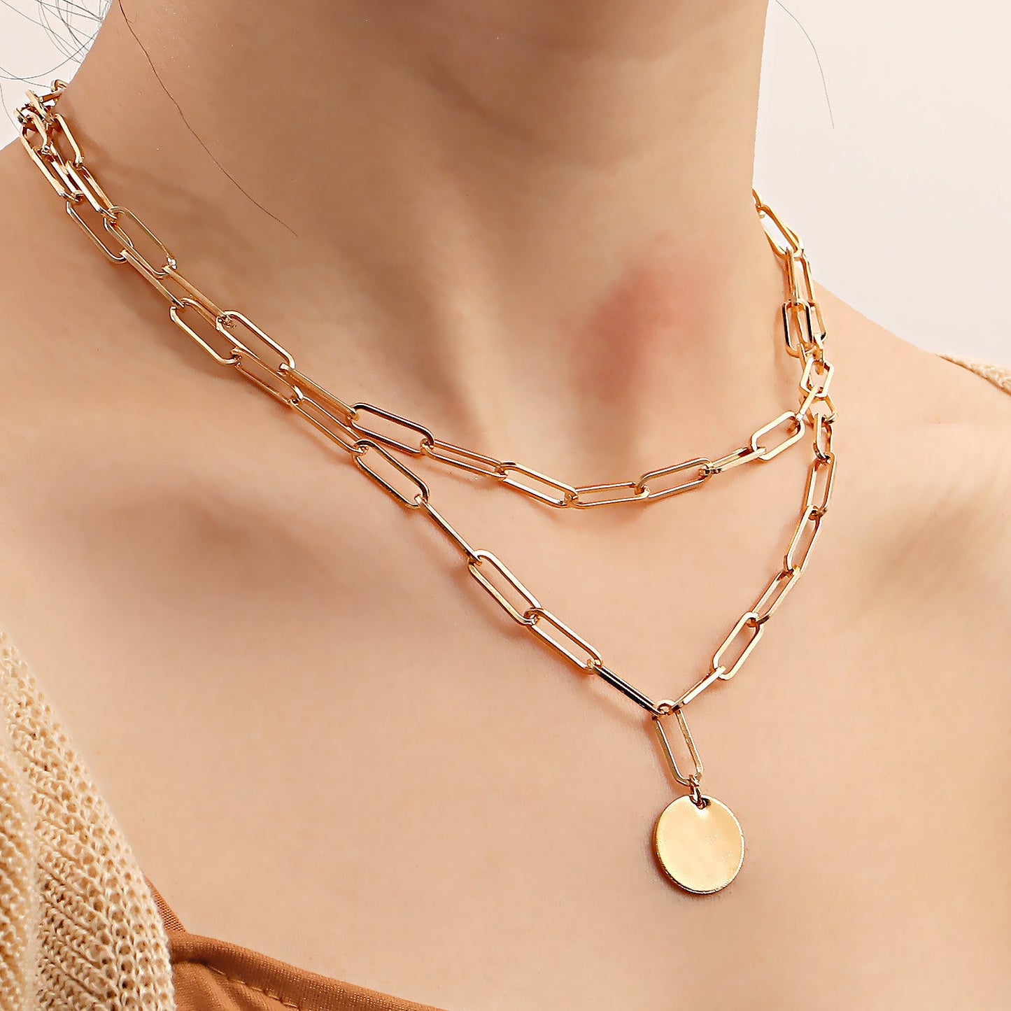 Coin Pendant Paper Clip Chain Necklace