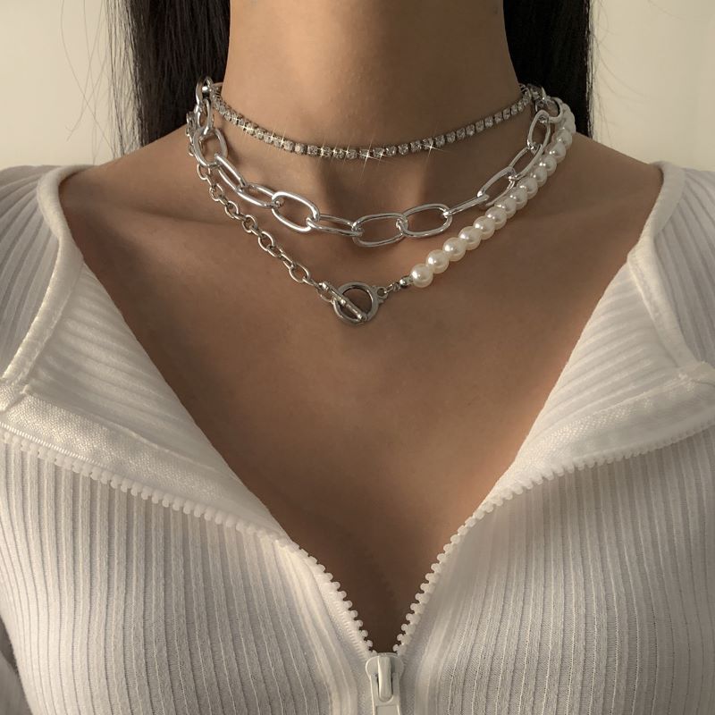 Vintage Baroque Pearl Necklace Rhinestone Collarbone Hip Hop Chain