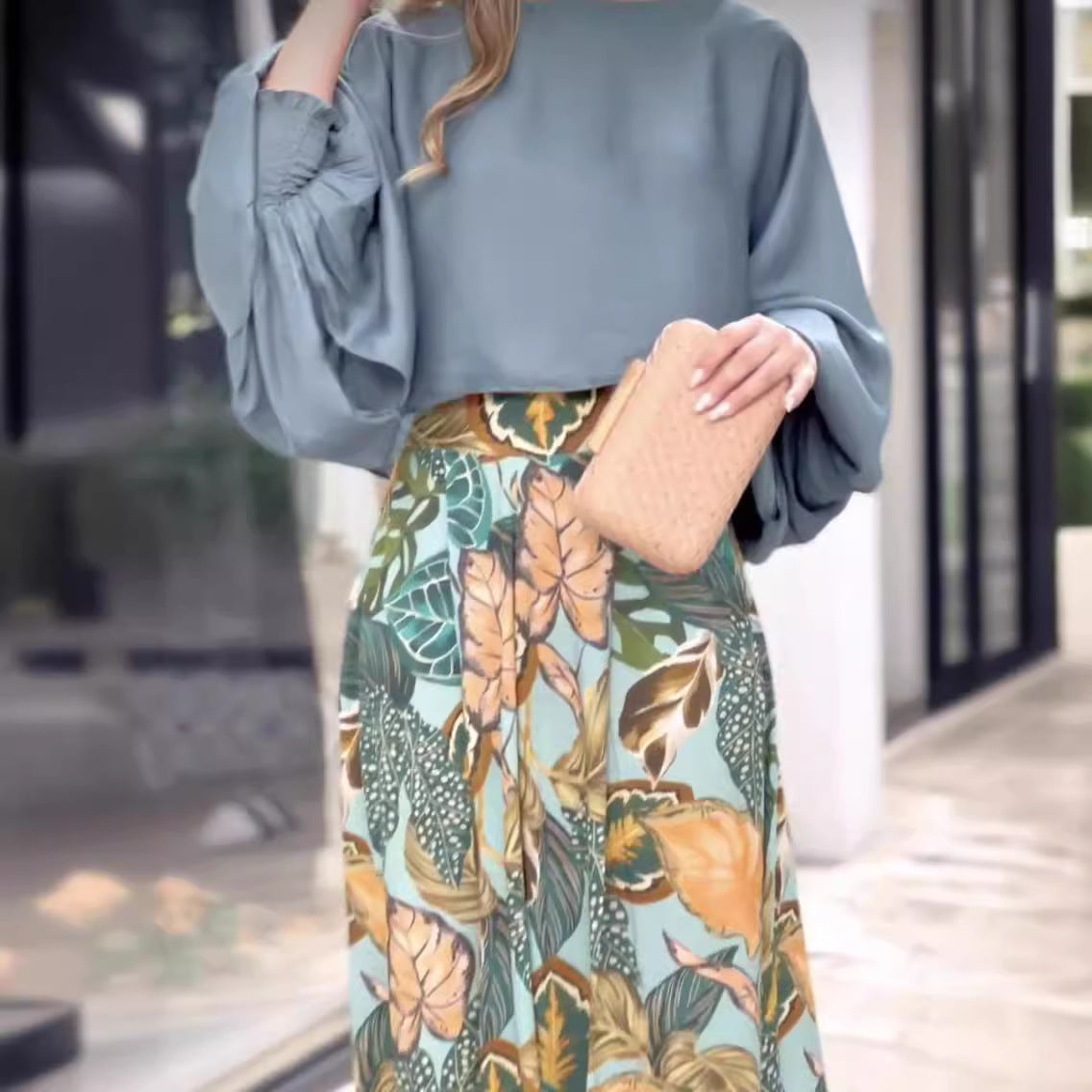 Women's Lantern Sleeve Loose Printed Wide Leg Two-piece Pants