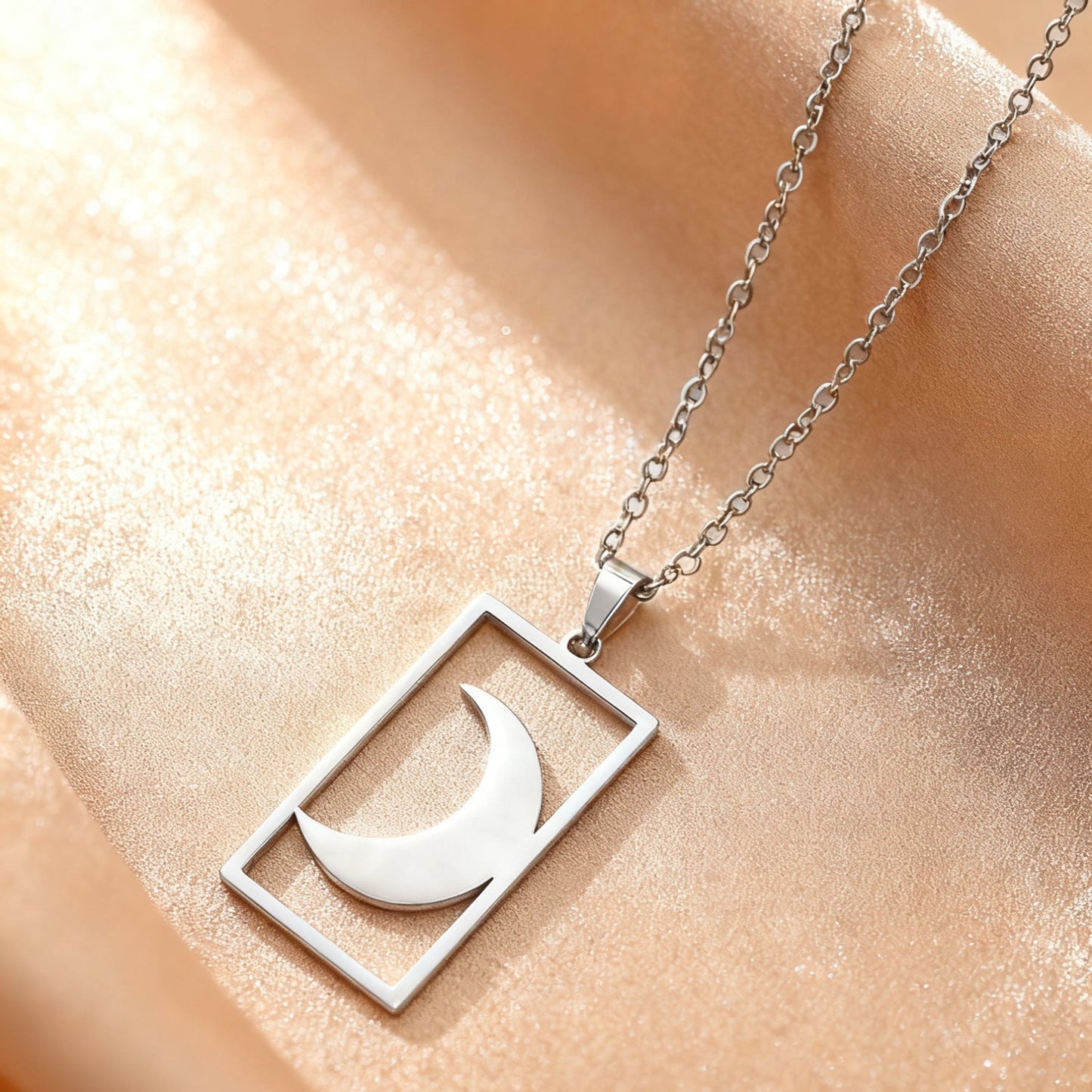 18K Gold Plated Sun Moon Hollow Geometric Square Pendant Stainless Steel Necklace