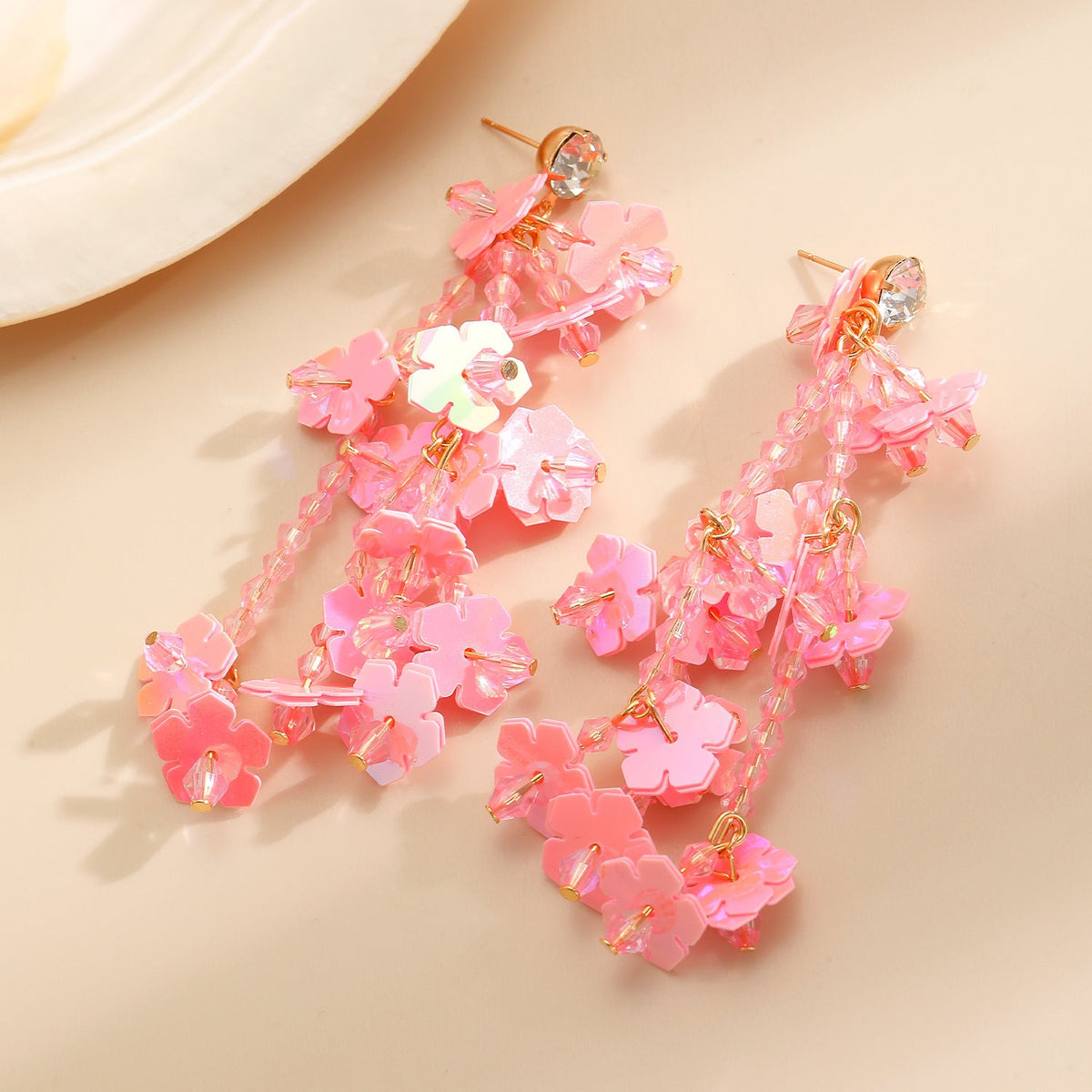 Vacation Pink Rice Bead Flower Luxury Tassel Earrings Boho Sweet Girl Earrings