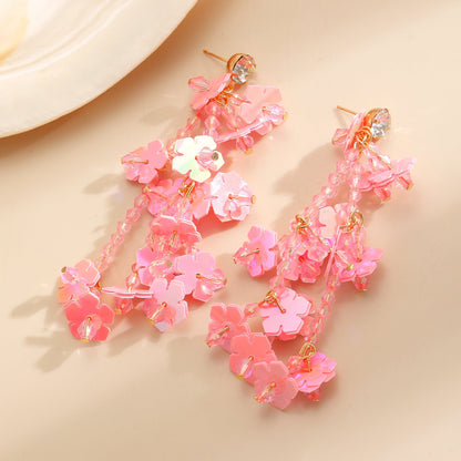 Vacation Pink Rice Bead Flower Luxury Tassel Earrings Boho Sweet Girl Earrings