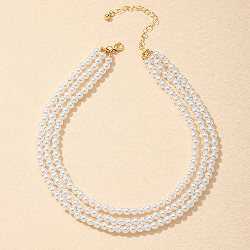 Faux Pearl Layered Three Strand Necklace Vintage