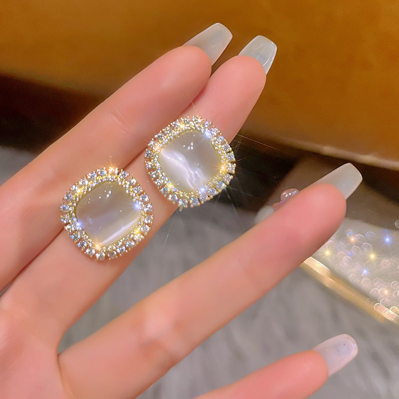 Opal Square Earrings Crystal Rhinestone Geometric Stud Earrings