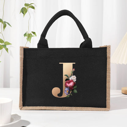 Cotton and linen canvas tote bag, printed letter tote bag, portable light handbag, gift shopping bag