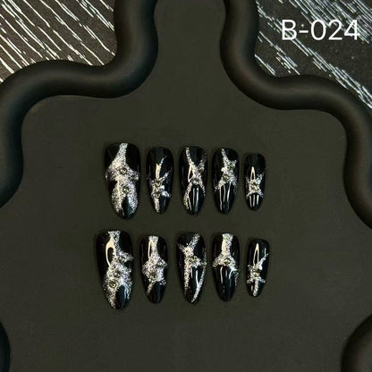 Handcrafted [Black Starry Sky] Advanced White Sticky Diamond Glittering Cool Spicy Girl Press on Nails