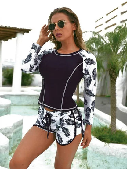Women's Sun Protection Diving Suit Printed Boxer Long Sleeve Swimsuit UV Protection Swimwear