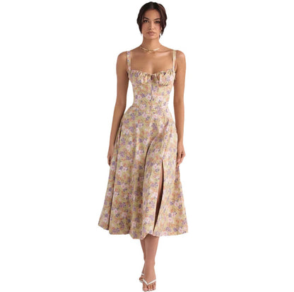 Sleeveless Strapless Bandage Corset Dress - Floral Print Long Midi Dress with Lace Up Back & Thigh Slit