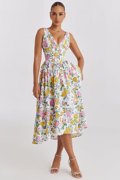 Summer Slim Suspender Long Dress Fashion Printed V-Neck Temperament Dress