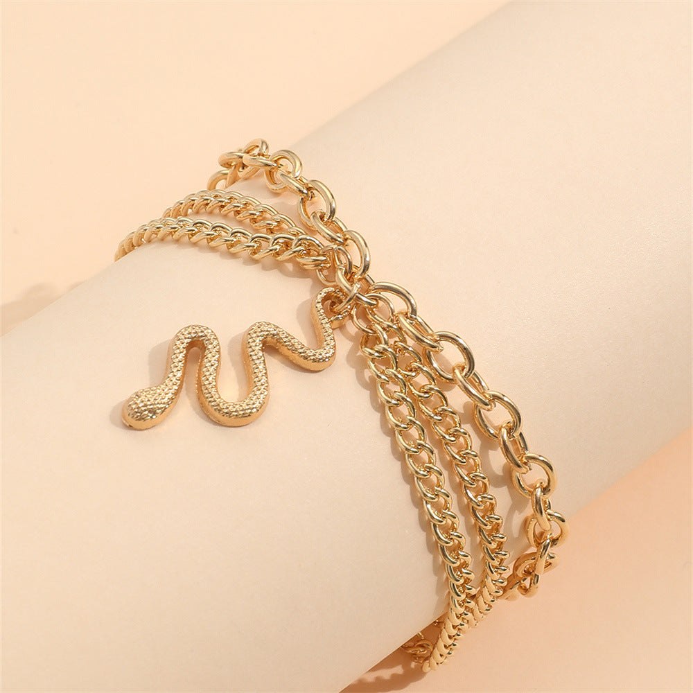 Feet Tassel Snake Pendant Triple Three Layers Chain Anklet Jewelry