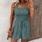 Summer Casual Vacation Solid Color Jumpsuit Design Sense Elastic Tube Top Jumpsuit Shorts Belted Wide Leg Jumpsuit With Button