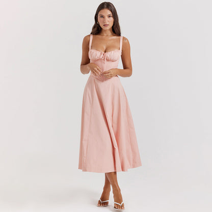 Sleeveless Strapless Bandage Corset Dress - Floral Print Long Midi Dress with Lace Up Back & Thigh Slit
