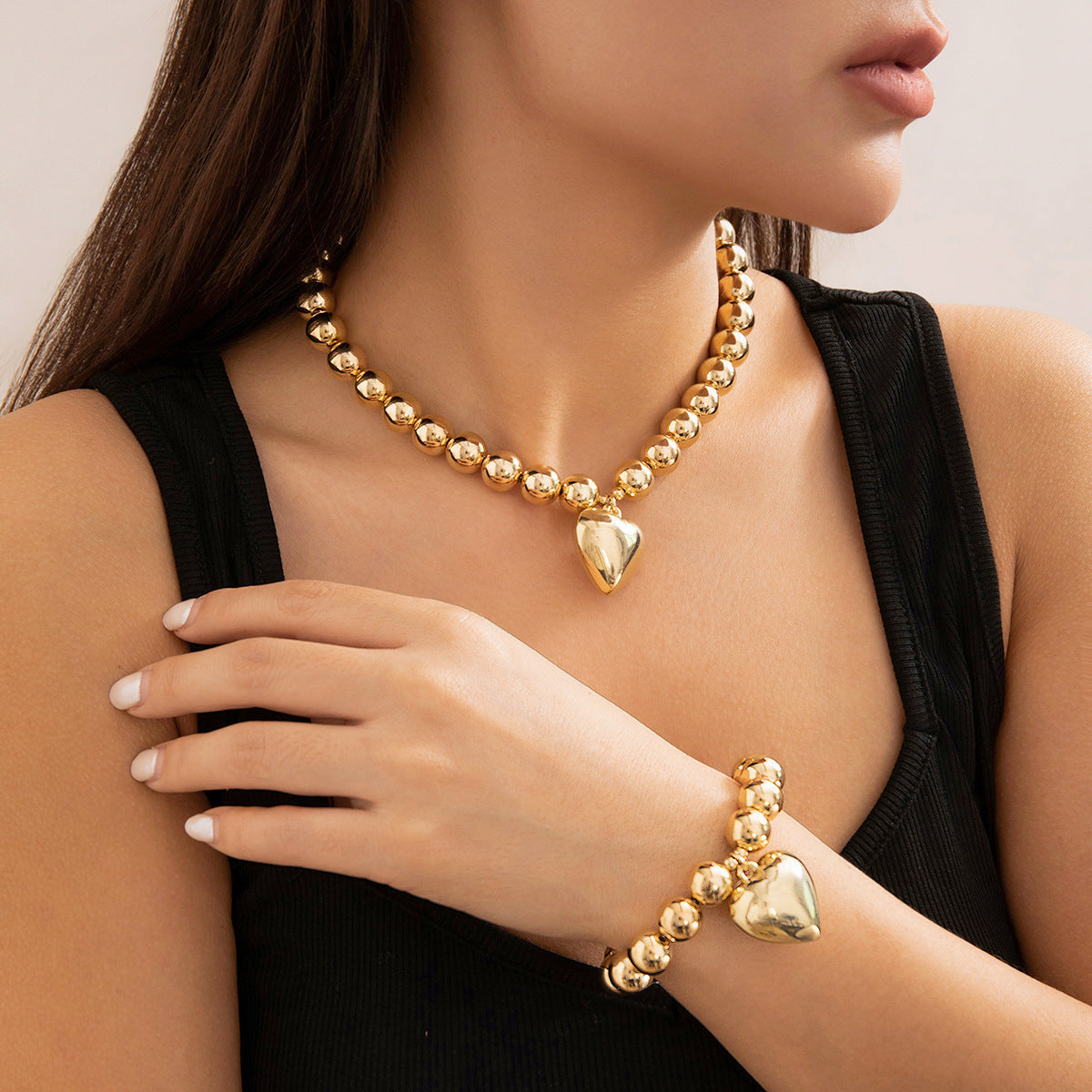 Fashion Heart Pendant Beaded Necklace Earrings Bracelet Jewelry Set