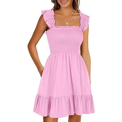 Women's sleeveless square neck pleated backless short dress women's