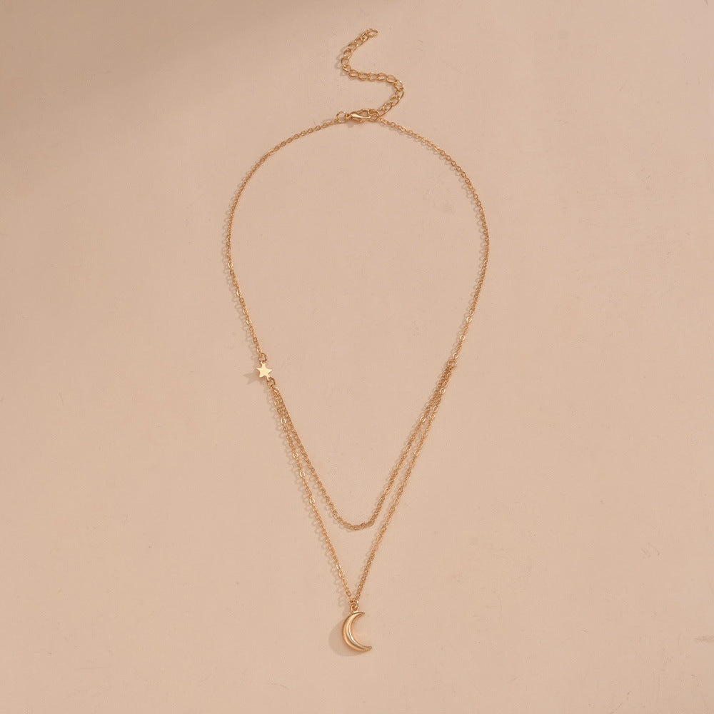 Double Layer Chain Moon Charm Choker Necklace
