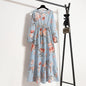 Spring and Autumn floral chiffon dress waist thin long sleeve round neck long printed skirt