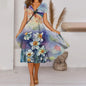 V Neck Bohemian Print Short Sleeve Dress - Flowy Casual Summer Dress with Elastic Waist