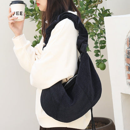 Canvas hobo bag, casual pleated shoulder bag, drawstring corduroy shoulder bag