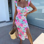 Summer Elegant Design French Floral Spaghetti Strap Slit Midi Dress