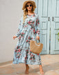 Spring and Autumn floral chiffon dress waist thin long sleeve round neck long printed skirt