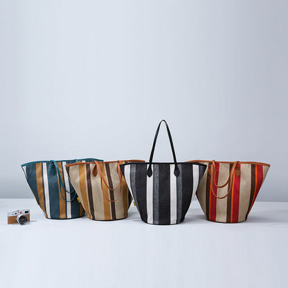 Trendy Canvas Shoulder Tote – Fashion Stripe Large Handbag, Casual Weekender Shopper