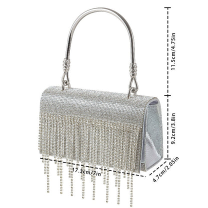 GlitteringTassel Rhinestone Small Square Bag Evening Dinner Bag Party Bag Metal Tote Bag Cosmetic Bag