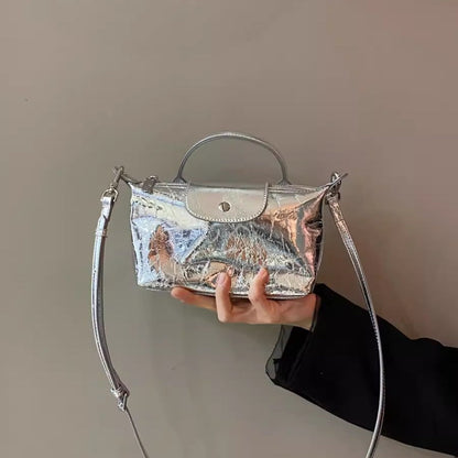 Spring and summer burst metallic mini tote bag, mini shoulder bag with crossbody strap, silver mini tote bag versatile women's bag