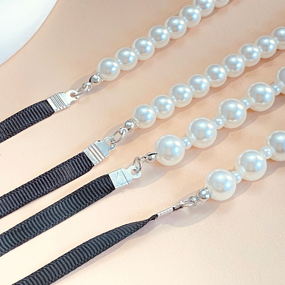 Women Jewelry Long Black Velvet Ribbon Bow Pearl Necklace