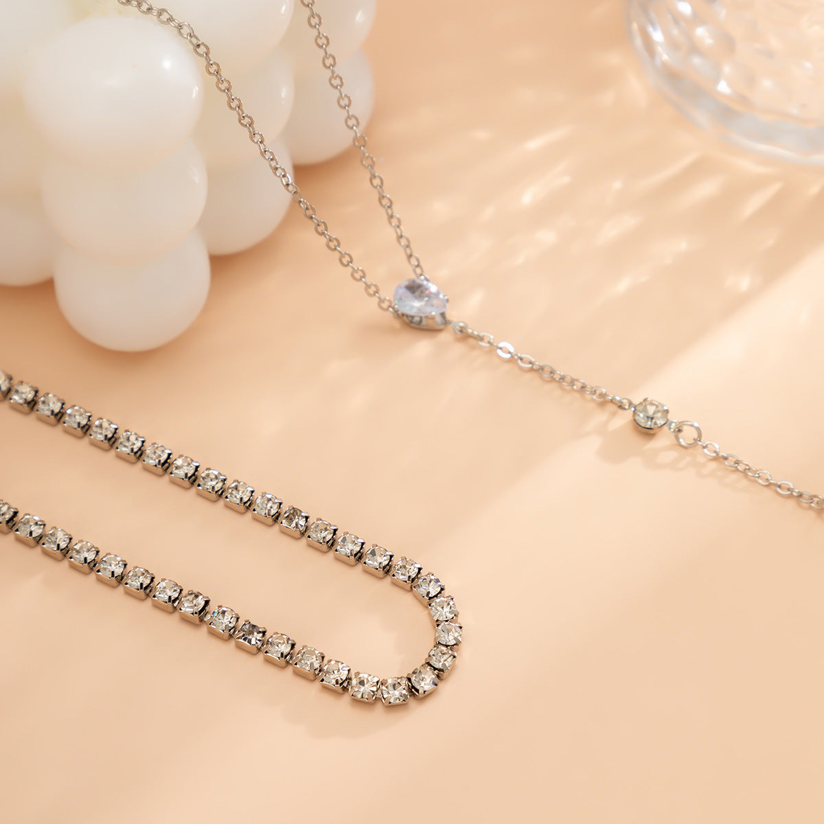 Double Layered Simple Pendant Necklace Long Tassel Zircon Charm Necklace