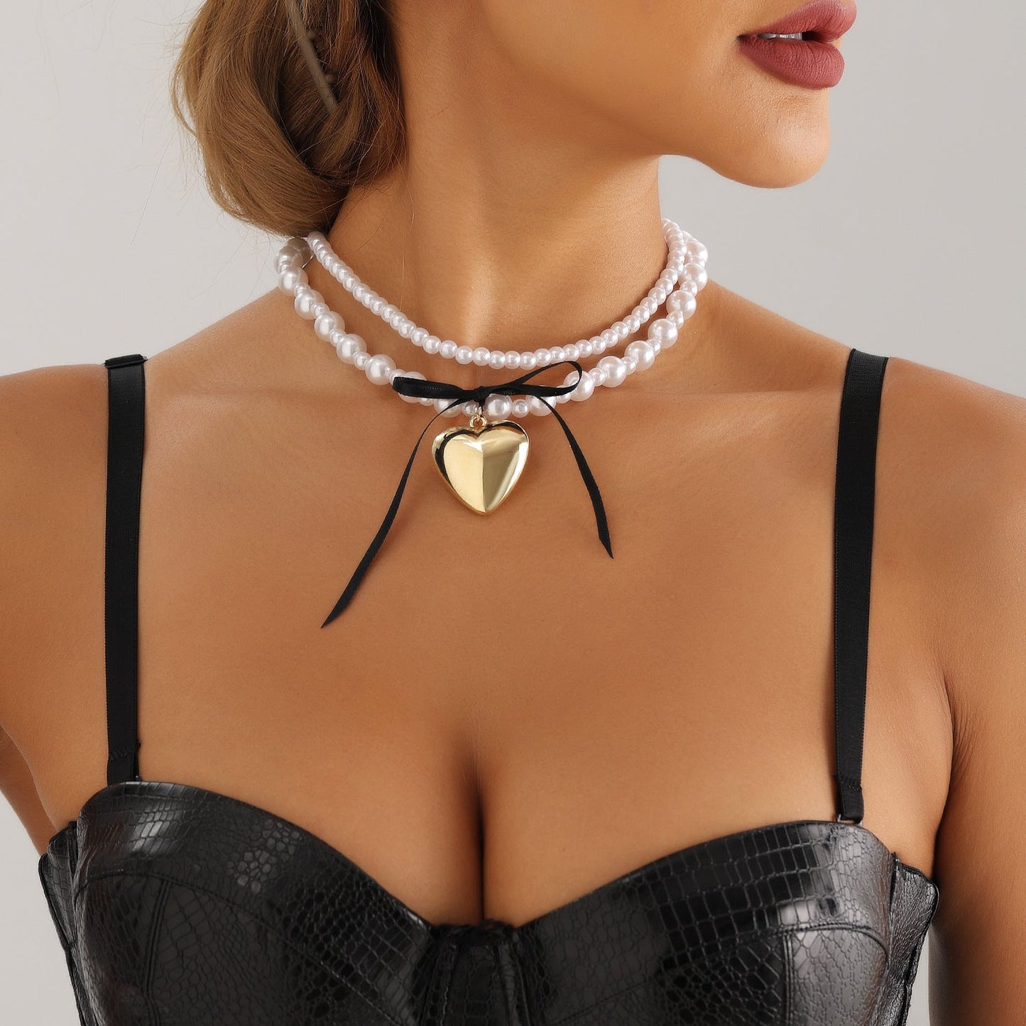Pearl Bead Neckchain Black Ribbon Bowknot Heart Pendant Necklace