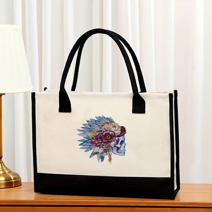 Canvas tote bag, large capacity printed tote bag women's, fashionable waterproof portable shopping bag