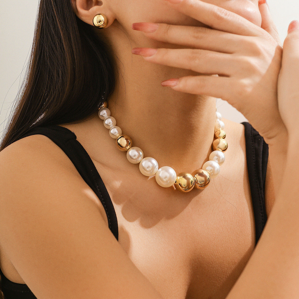 Exaggerated Big Pearl Chunky Heart CCB Round Ball Bead Chain Punk Choker Necklace