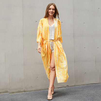 Tie-Front Printed Cardigan Beach Dress ¨C Bikini Cover-Up, Vacation Sun Protection Kimono Dress