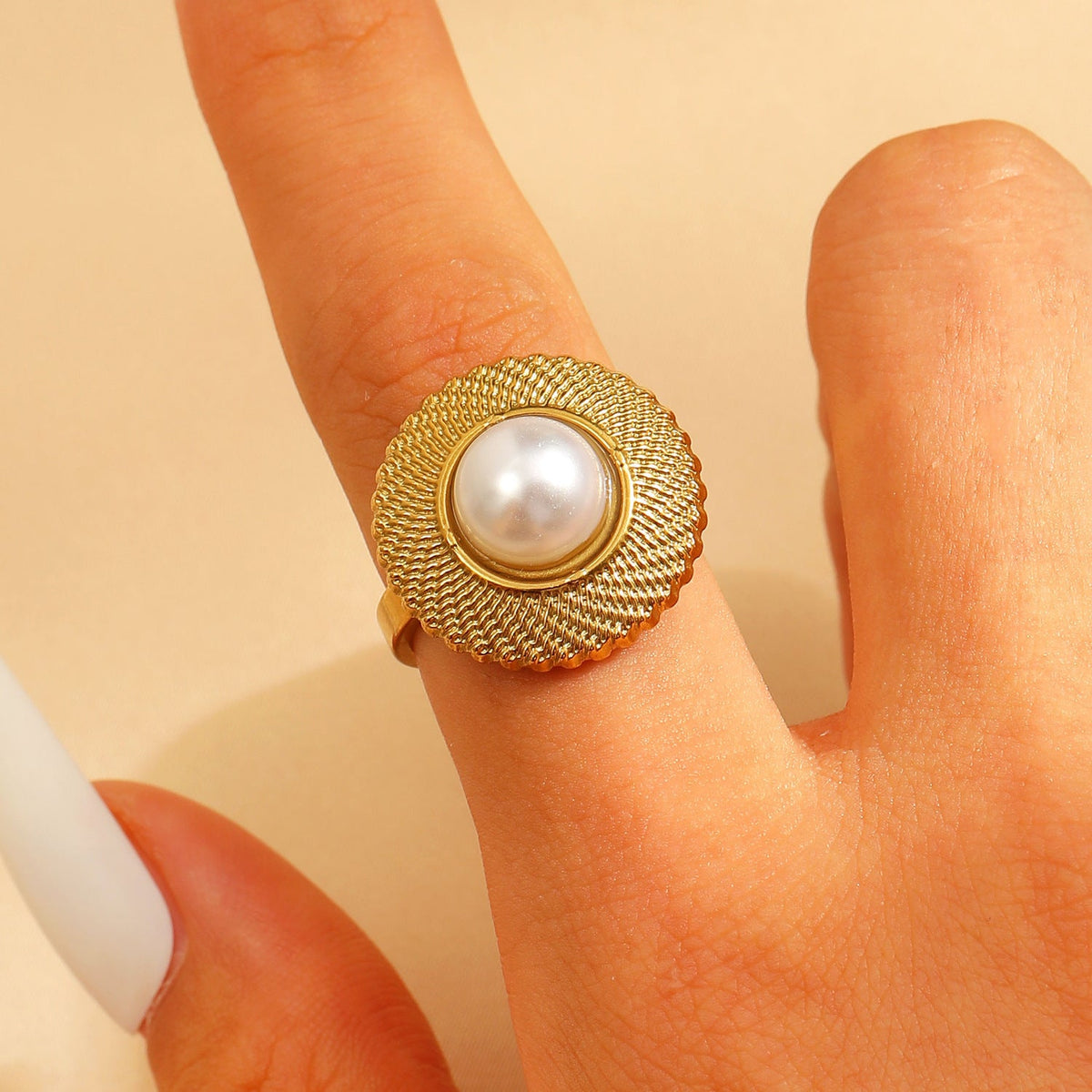 Adjustable Open Stainless Steel Pearl Ring, 18K Gold Plated Oval Baroque Ring