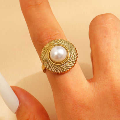 Adjustable Open Stainless Steel Pearl Ring, 18K Gold Plated Oval Baroque Ring