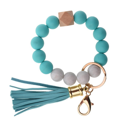 PU Tassel Keychain Bag charm Silicone Beaded Keychain Wristlet Key Ring Bracelet Cute Car Key Chain Holder for Women Girls