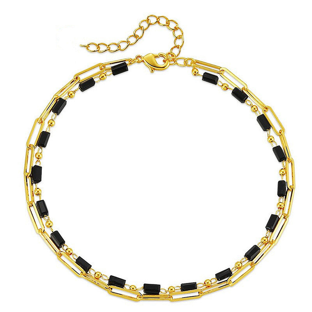 Beach Black Crystal Anklet Chain Layer Beaded Foot Bracelet