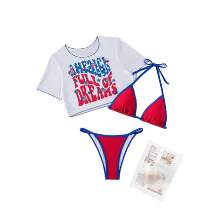 Sexy Bikini Three Piece Set Women's Printed Short Sleeve Sun Protection Mesh Swimsuit