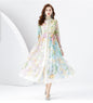 Early Spring Fashion Court Style Dress - Vintage Print Mandarin Collar Long Sleeve Flared Maxi Gown