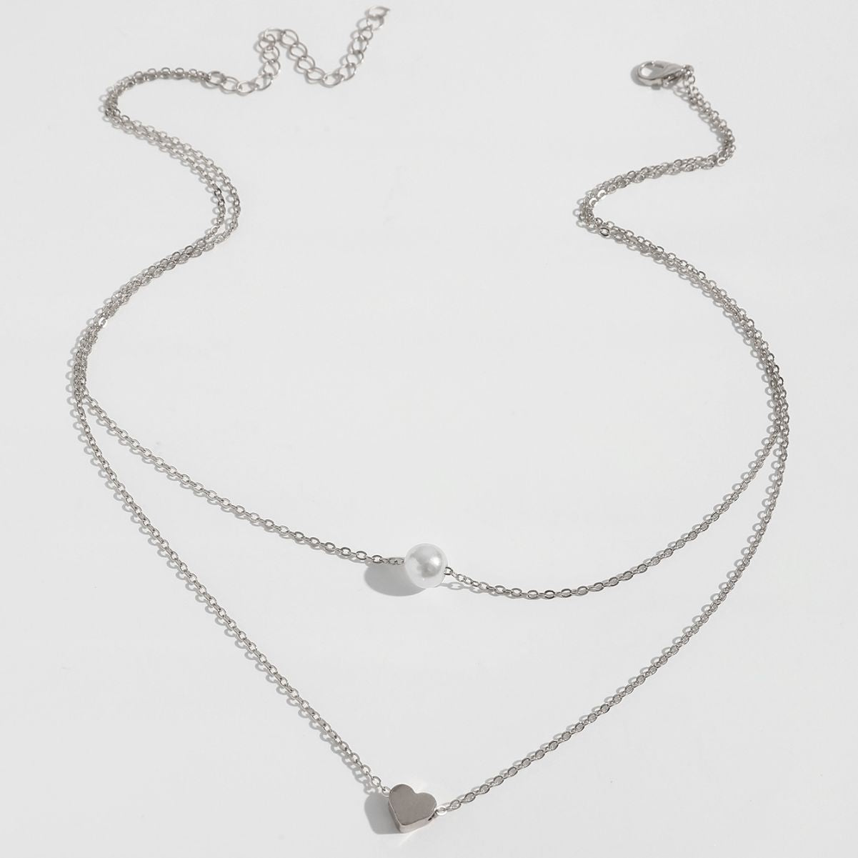 Women Pearl Charm Heart Pendant Double Layer Necklace