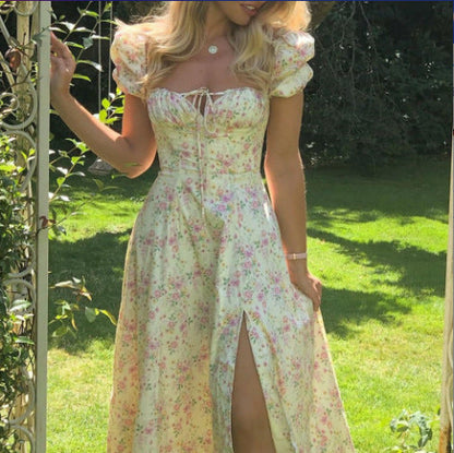 Floral Square Neck Sexy Split Swing Spring Dress Off Shoulder Flower Print Sexy Dress