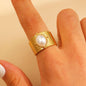 Adjustable Open Stainless Steel Pearl Ring, 18K Gold Plated Oval Baroque Ring