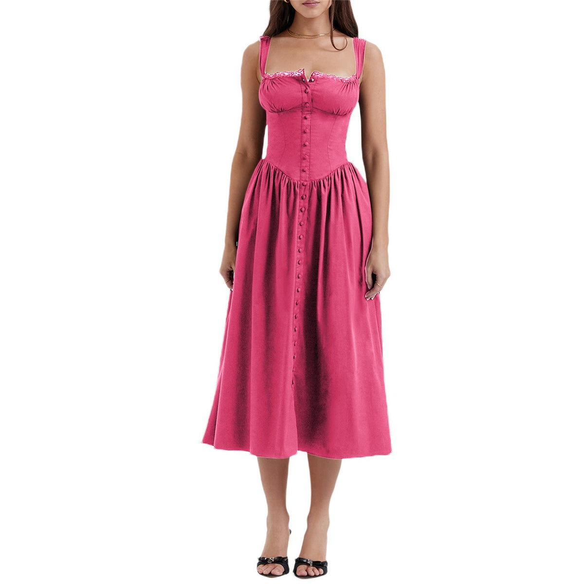Floral Midi Corset Dress with Square Neck - Women's Smocked Lace-Up Sundress for Wedding Guest & Beach Holiday Parties