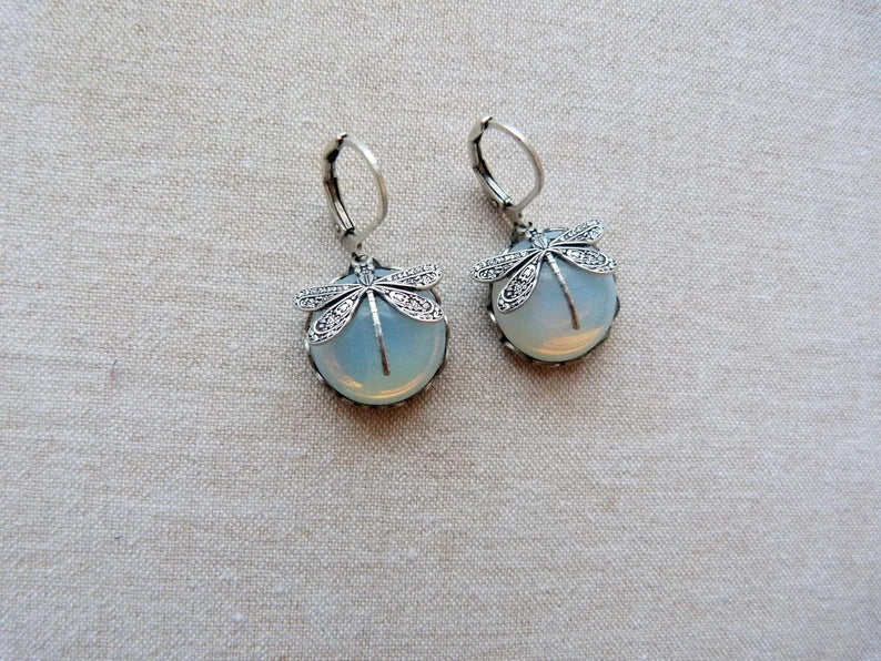 Fashion Jewelry Vintage Dragonfly Pattern Earrings Distressed Moonstone
