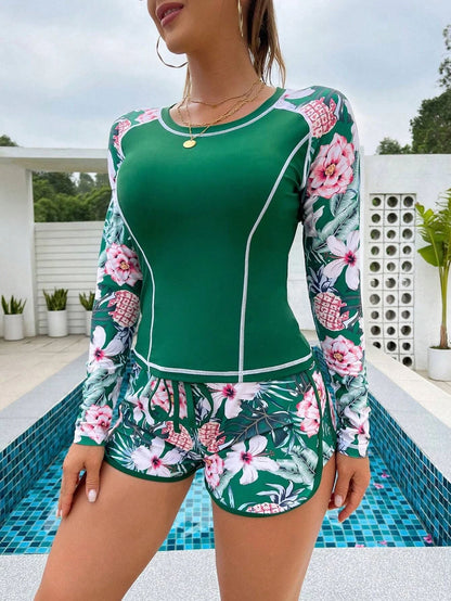 Women's Sun Protection Diving Suit Printed Boxer Long Sleeve Swimsuit UV Protection Swimwear