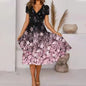 V Neck Bohemian Print Short Sleeve Dress - Flowy Casual Summer Dress with Elastic Waist