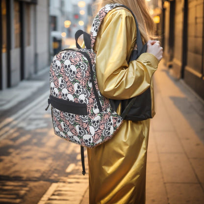 Skull rose pattern print backpack, waterproof nylon backpack purse lightweight