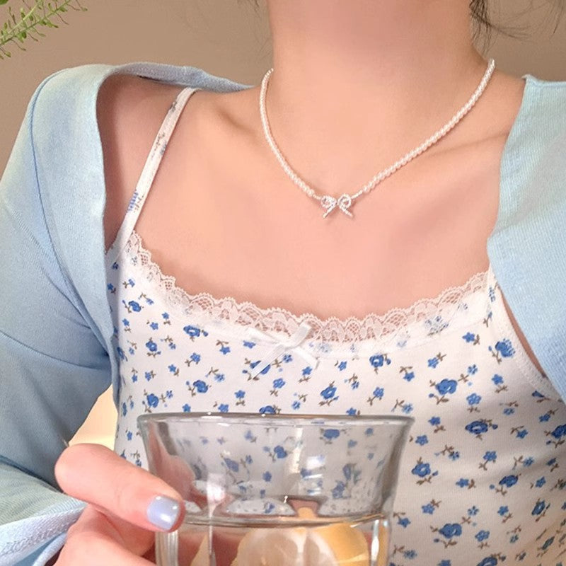 Pearl Chain Choker Necklace for Women Mini Bowknot