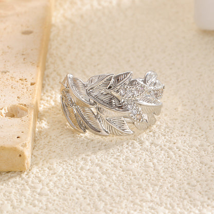 Luxury Leaf Texture Copper Inlaid Zircon Ring Gold Two-Tone Open Ring